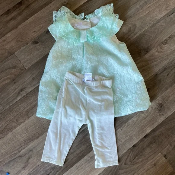 Marmellata 2 Pc Girls Mint Green Lace Tunic Top Dress and Leggings - Picture 2 of 5
